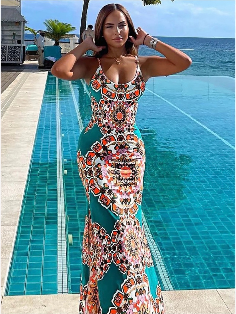 Fashion Nova Teal Mosaic Print Maxi Dress with Spaghetti Straps